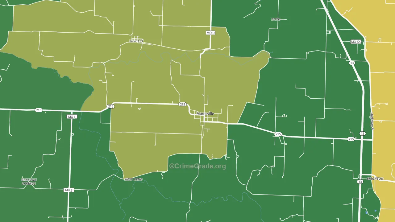 Morrisville, MO Map of Vehicle Theft Rates