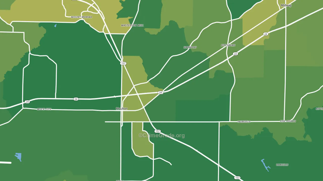 Moulton, AL Map of Vehicle Theft Rates