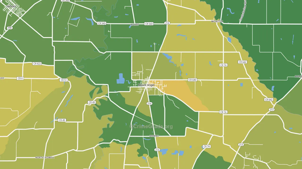 Mount Angel, OR Map of Vehicle Theft Rates