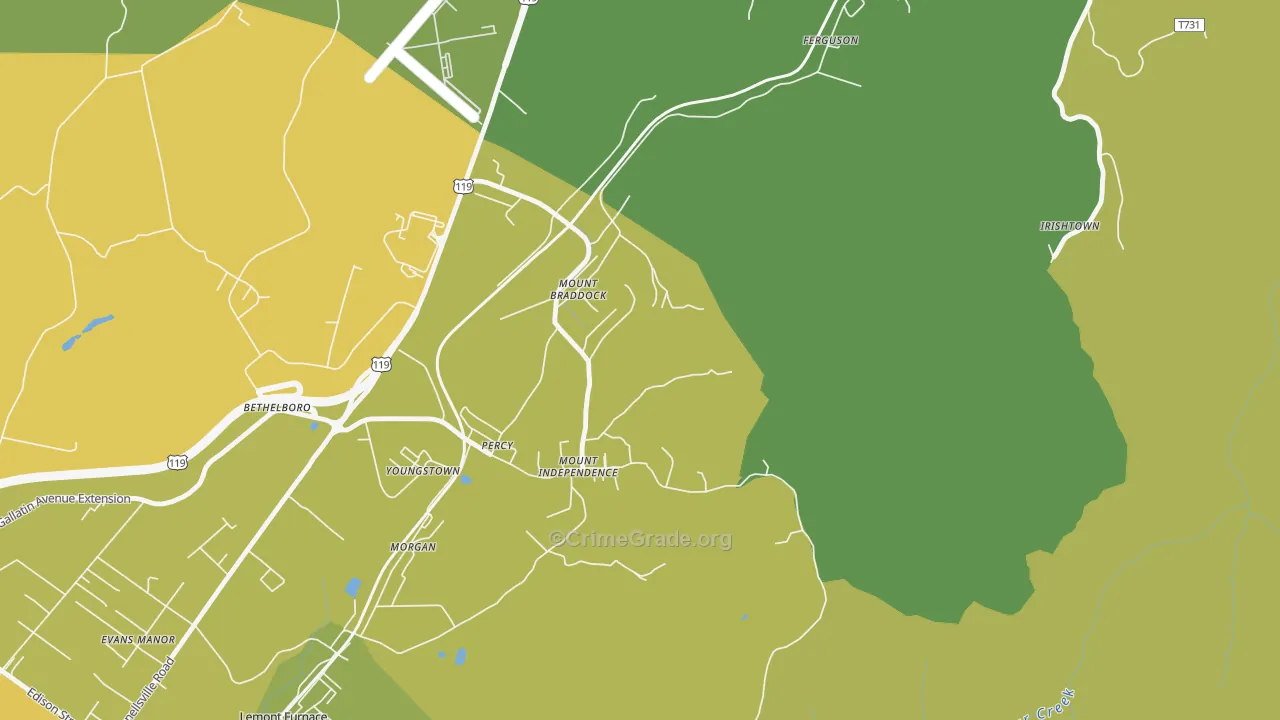 Mount Braddock, PA Map of Vehicle Theft Rates