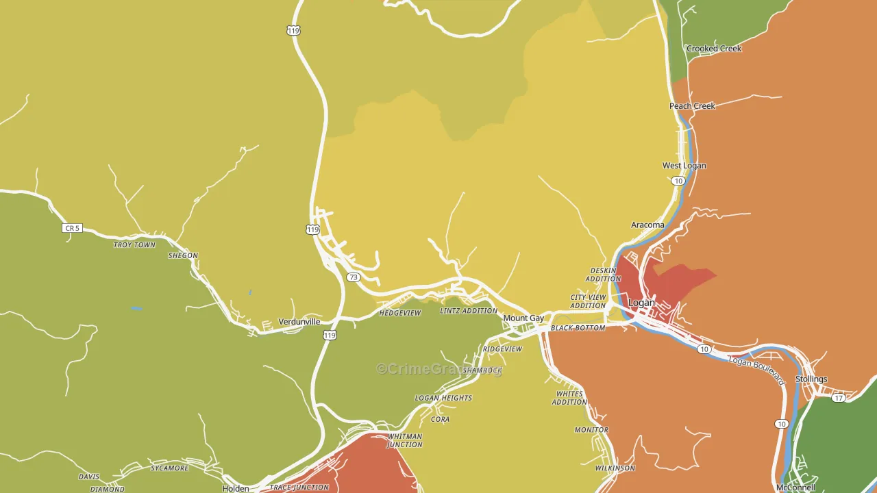 Mount Gay, WV Map of Vehicle Theft Rates