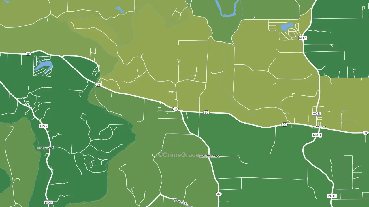 Mount Hope, MO Map of Vehicle Theft Rates