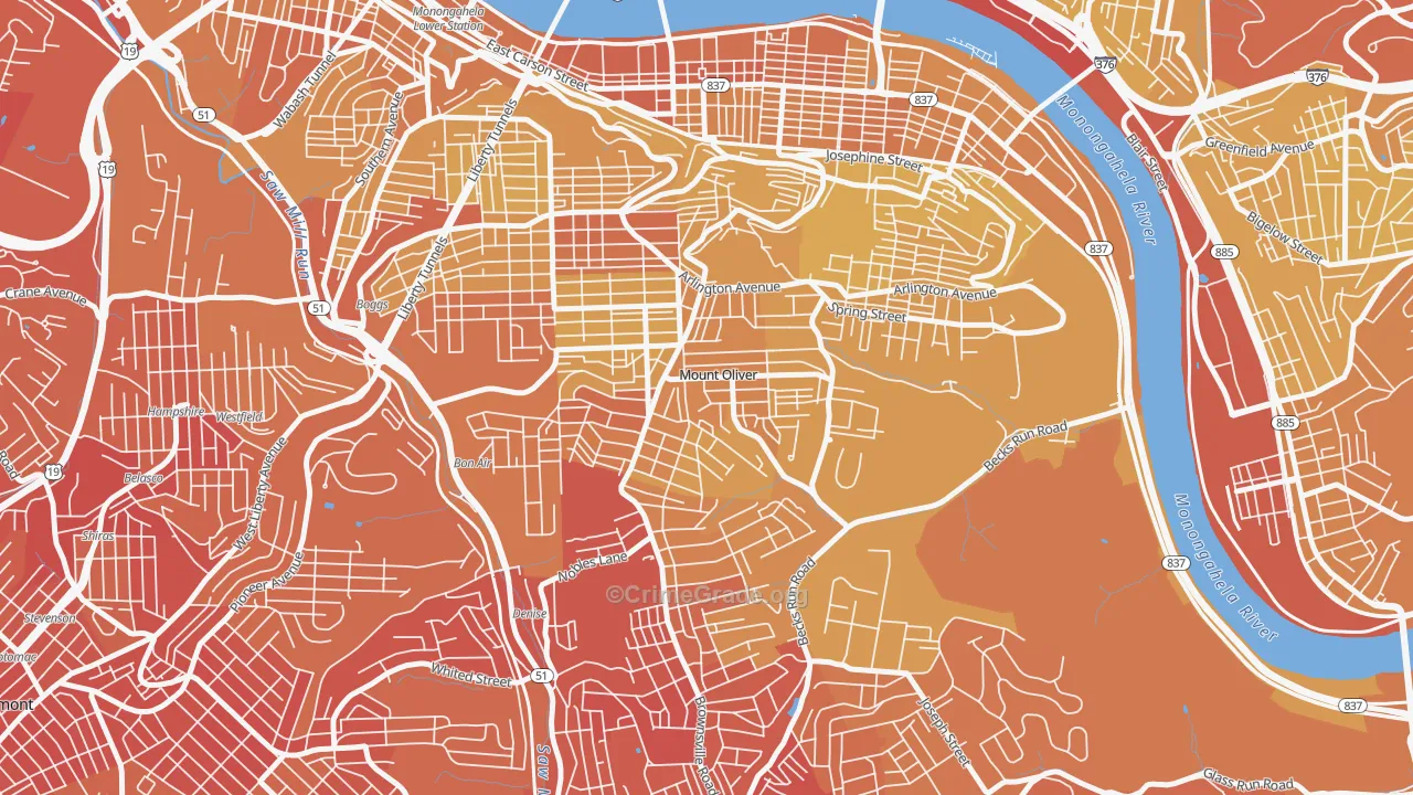 Mount Oliver, PA Map of Vehicle Theft Rates