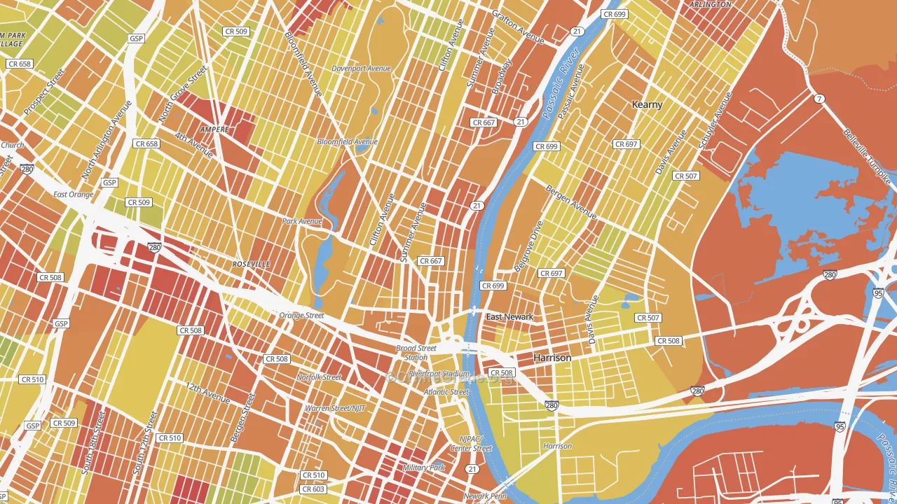 Mount Pleasant-Lower Broadway, Newark, NJ Map of Vehicle Theft Rates