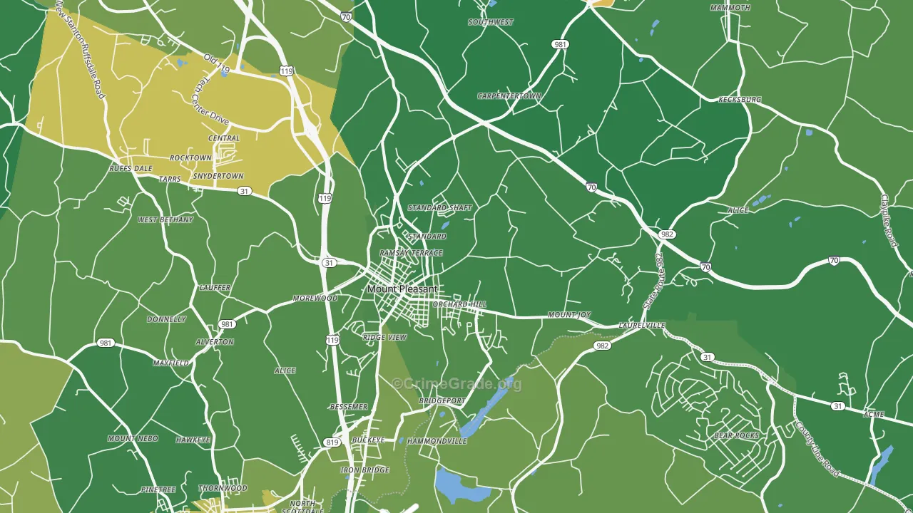 Mount Pleasant, PA Map of Vehicle Theft Rates