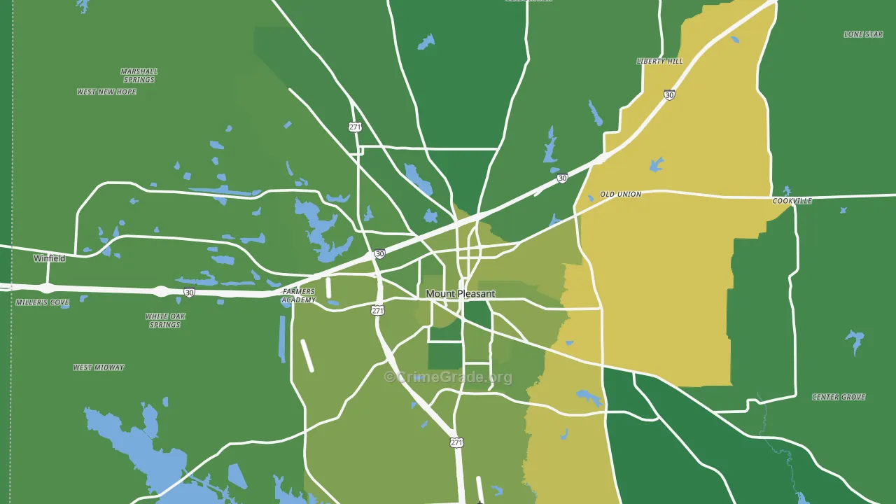 Mount Pleasant, TX Map of Vehicle Theft Rates