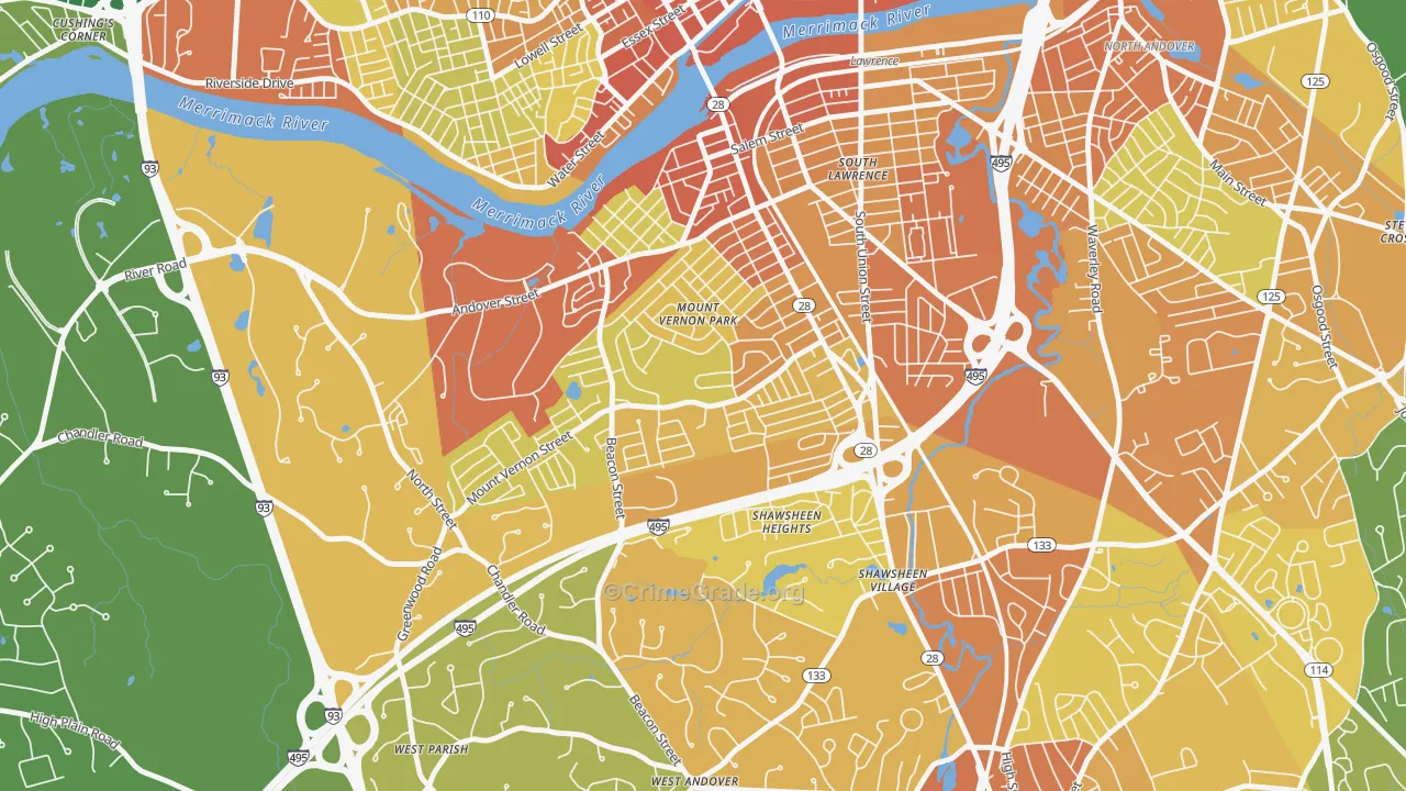 Mt Vernon Park, Lawrence, MA Map of Vehicle Theft Rates