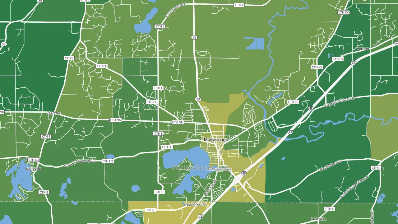 Mukwonago, WI Map of Vehicle Theft Rates