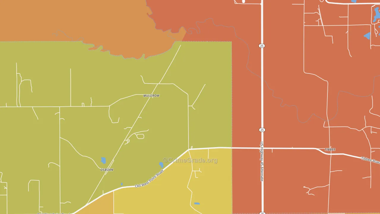 Muldrow, MS Map of Vehicle Theft Rates