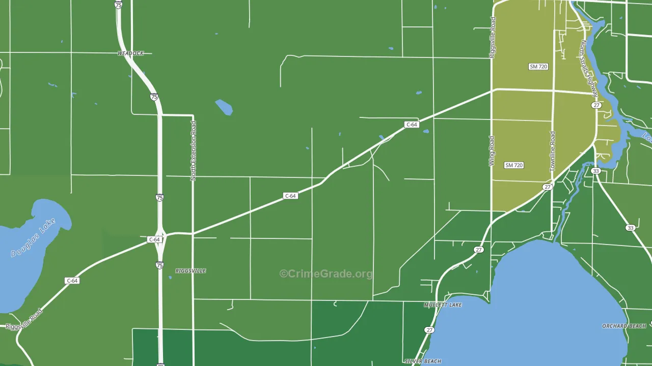 Mullett Lake, MI Map of Vehicle Theft Rates