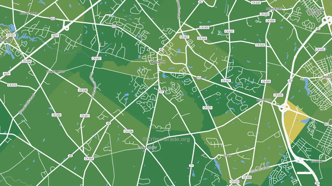 Mullica Hill, NJ Map of Vehicle Theft Rates