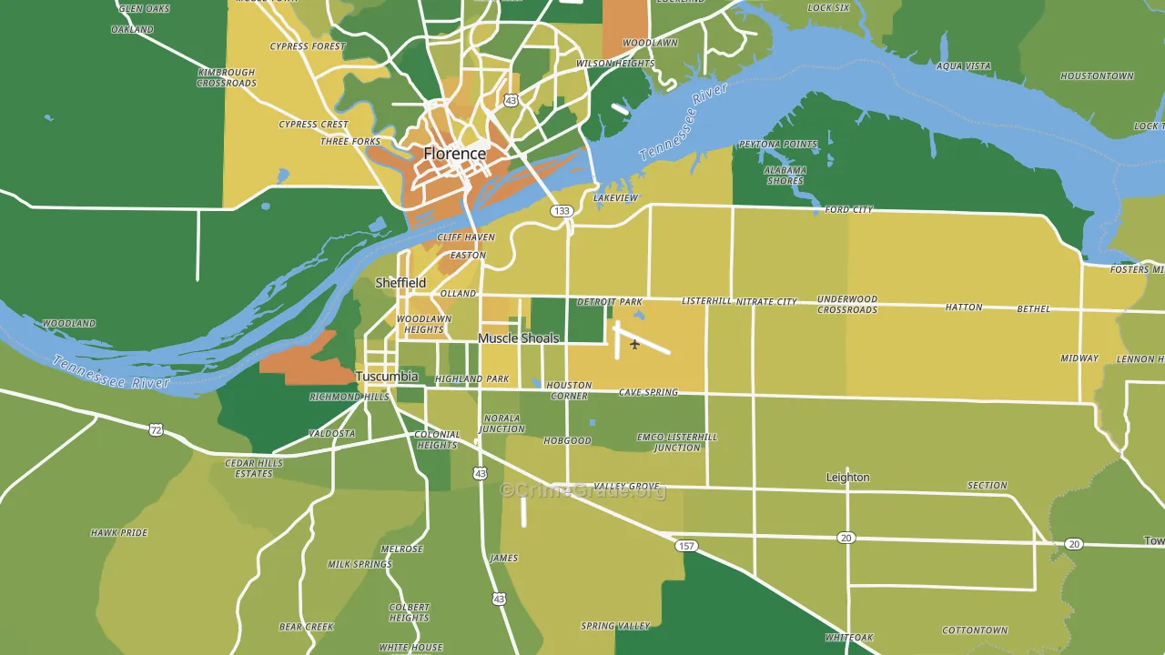 Muscle Shoals, AL Map of Vehicle Theft Rates