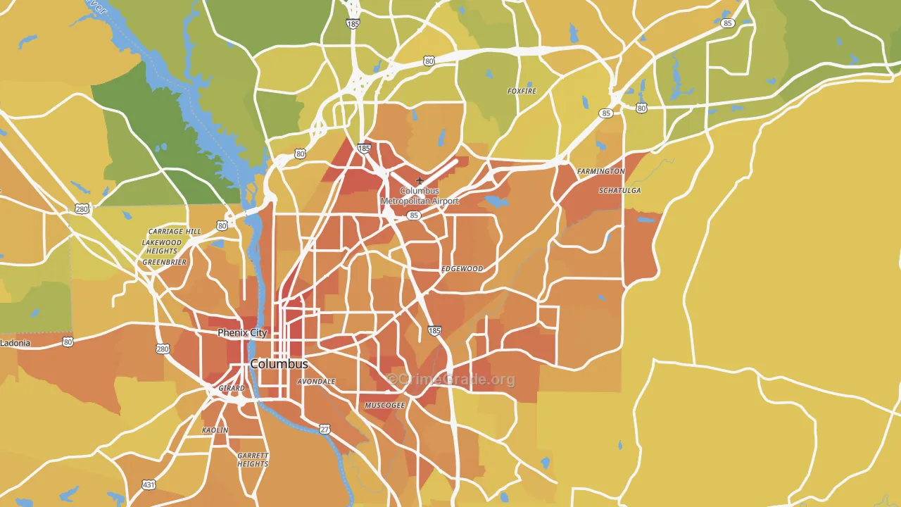 Muscogee County, GA Map of Vehicle Theft Rates