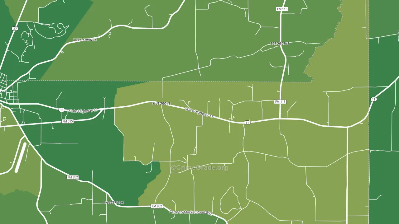 Musgrove, TX Map of Vehicle Theft Rates