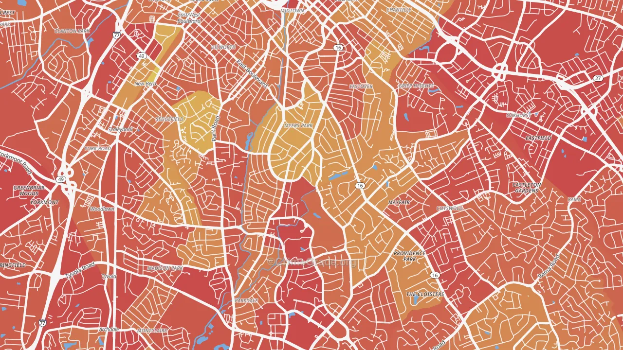 Myers Park, Charlotte, NC Map of Vehicle Theft Rates