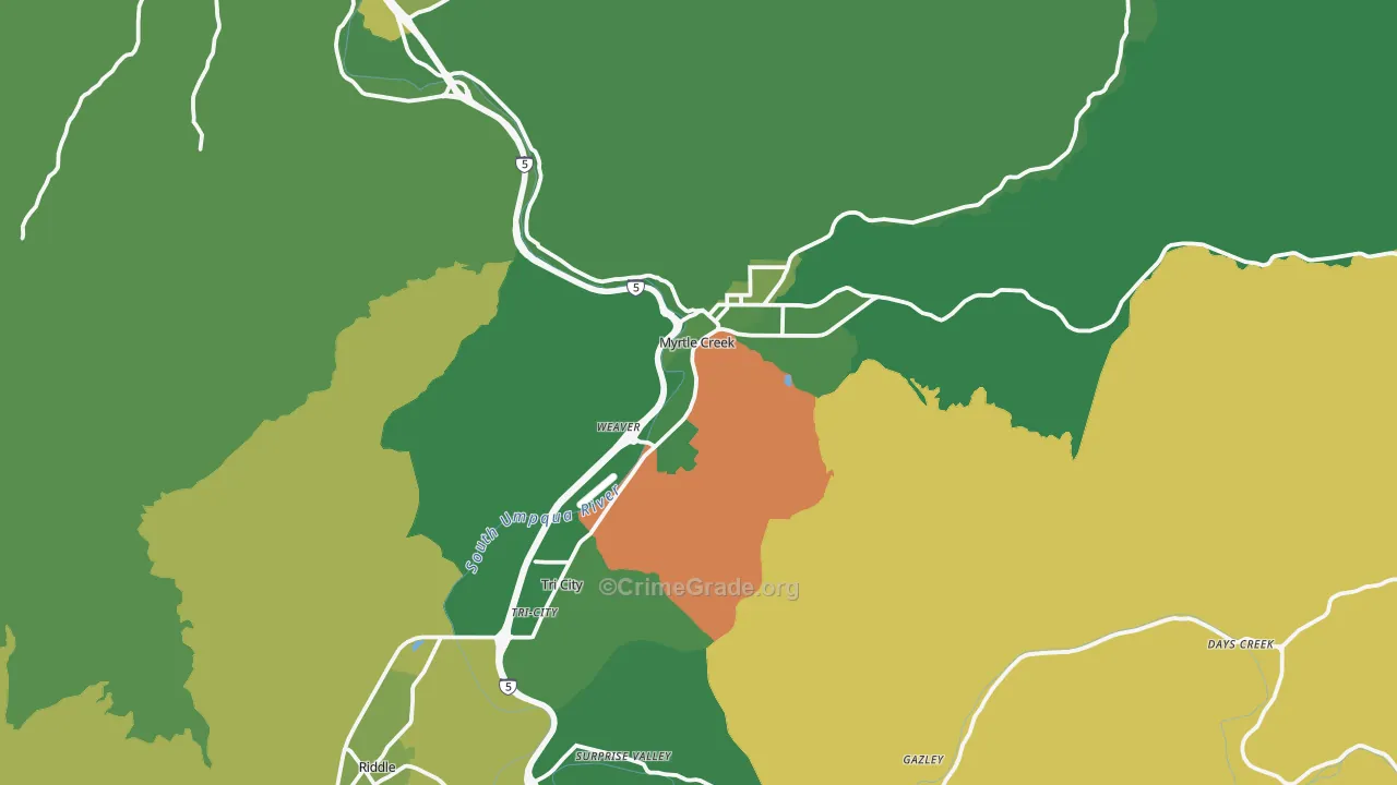 Myrtle Creek, OR Map of Vehicle Theft Rates
