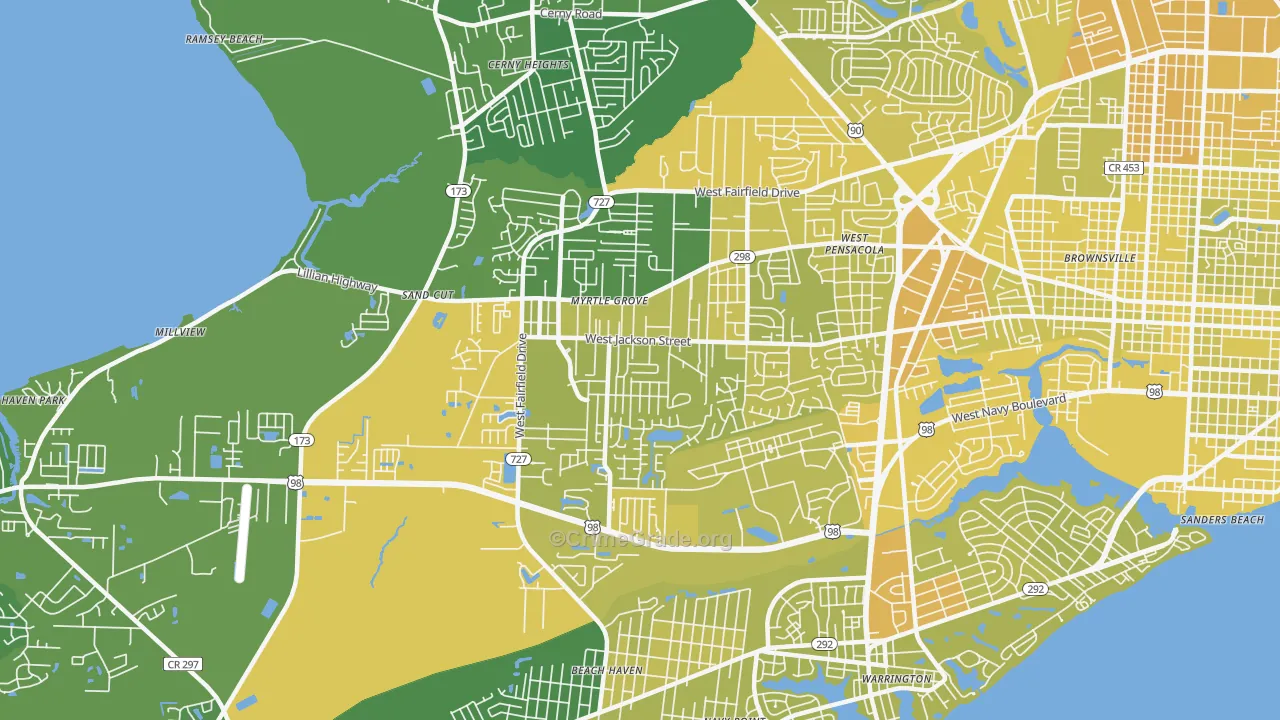 Myrtle Grove, FL Map of Vehicle Theft Rates