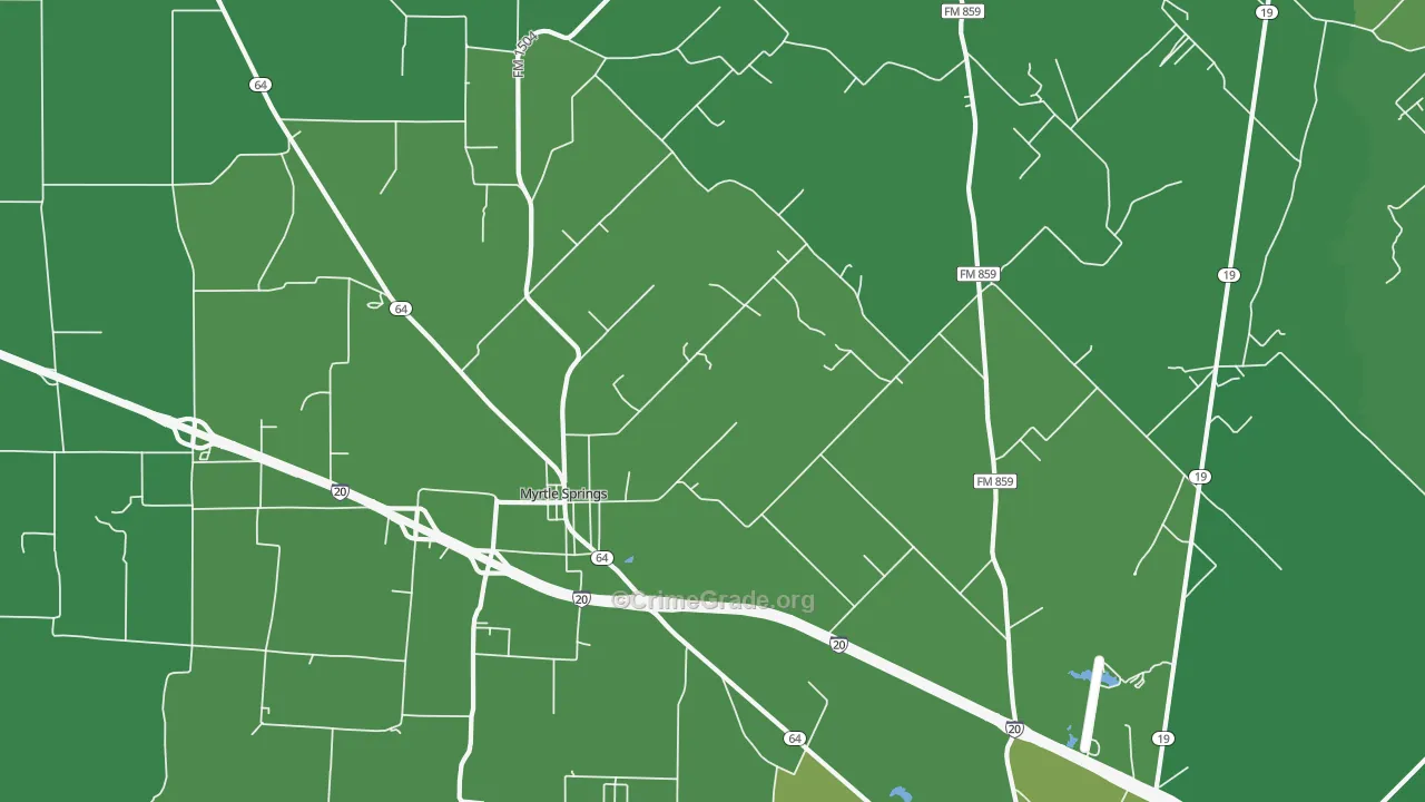 Myrtle Springs, TX Map of Vehicle Theft Rates