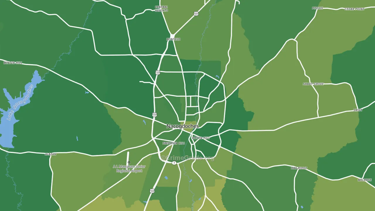 Nacogdoches, TX Map of Vehicle Theft Rates
