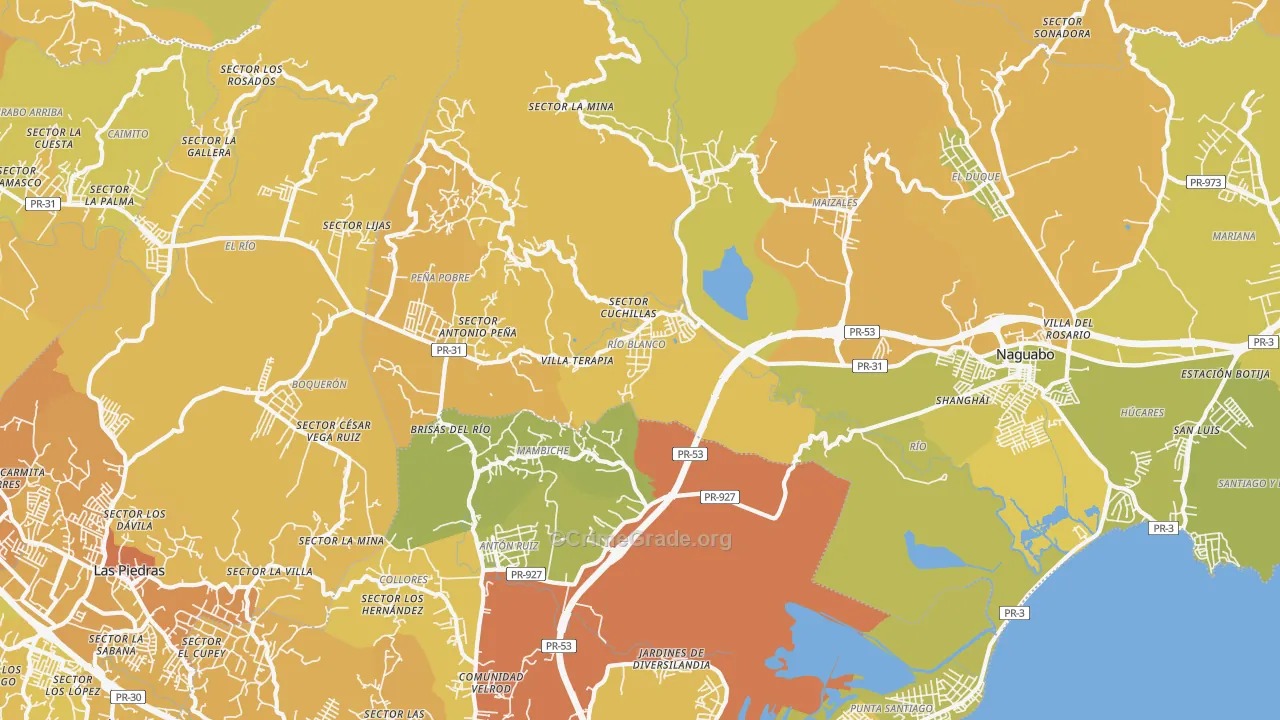 Naguabo, PR Map of Vehicle Theft Rates
