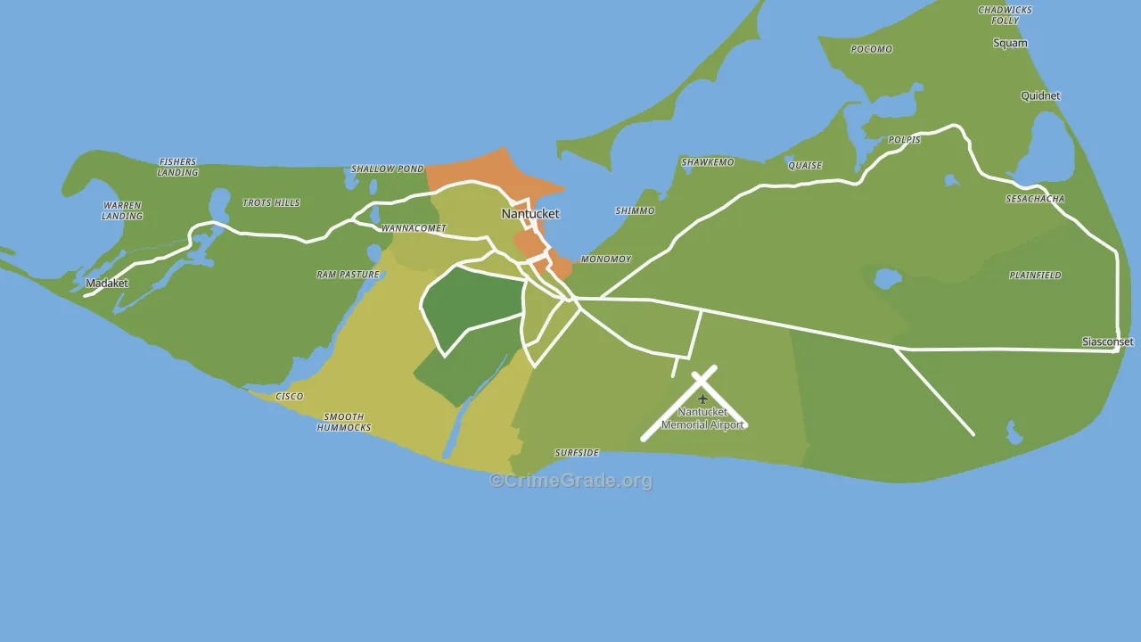 Nantucket County, MA Map of Vehicle Theft Rates