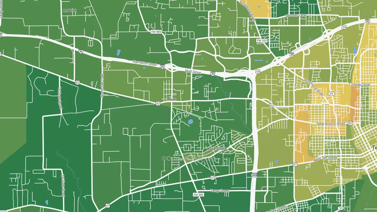 Nash, TX Map of Vehicle Theft Rates