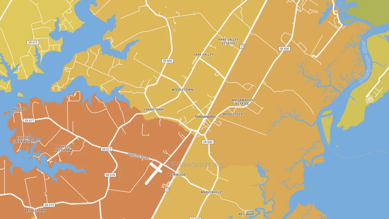Nassawadox, VA Map of Vehicle Theft Rates