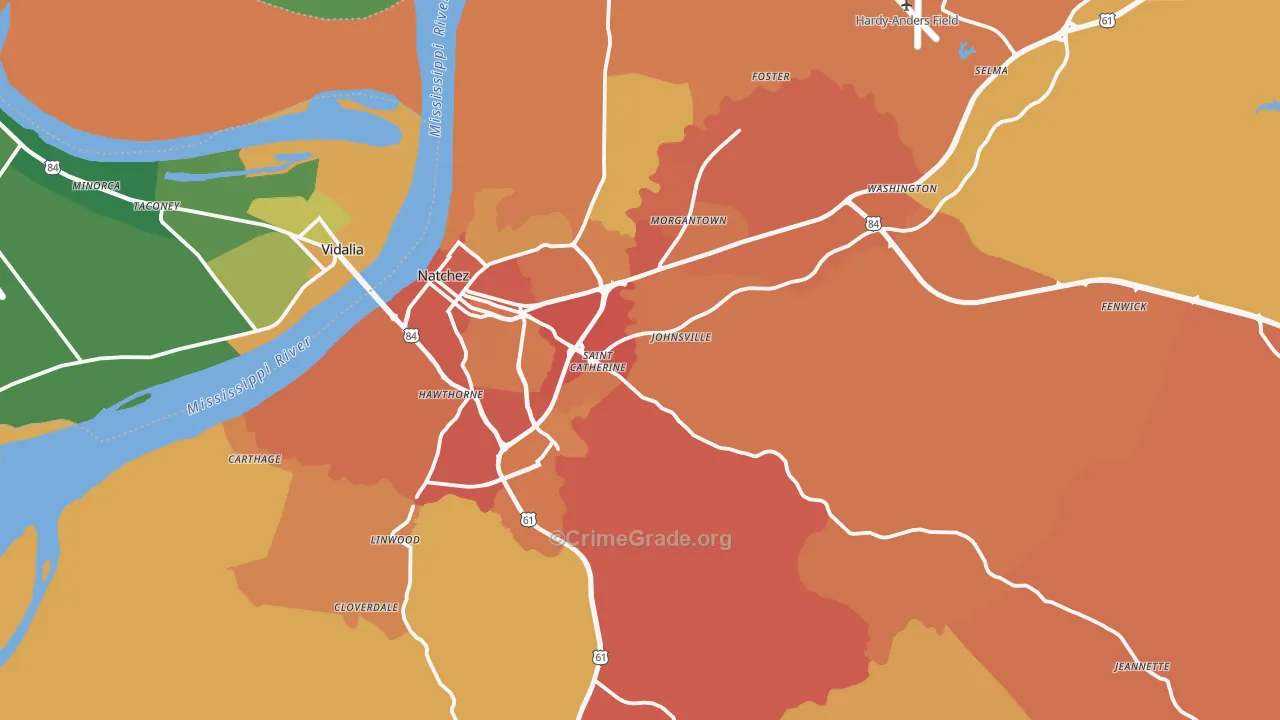 Natchez, MS Map of Vehicle Theft Rates