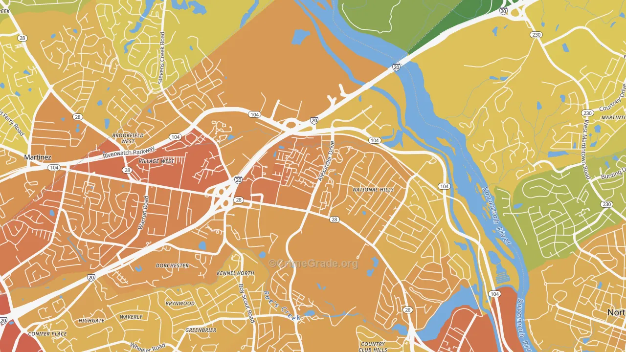 National Hills, Augusta, GA Map of Vehicle Theft Rates