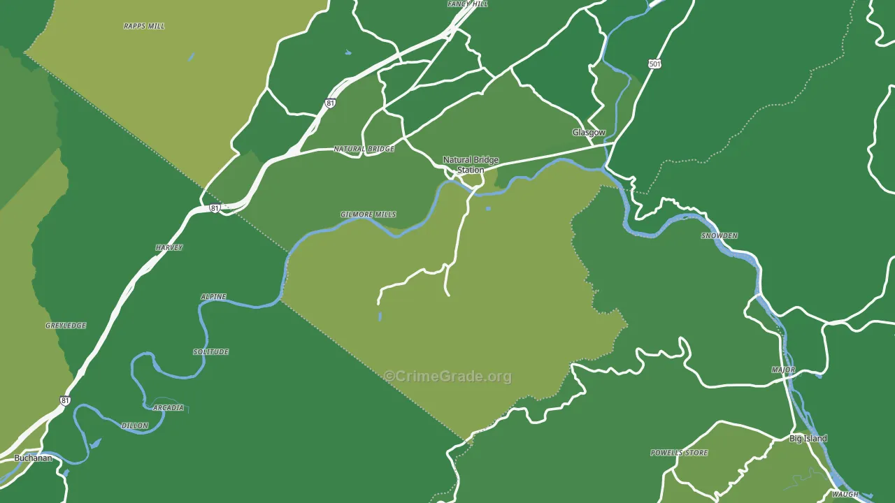 Natural Bridge Station, VA Map of Vehicle Theft Rates