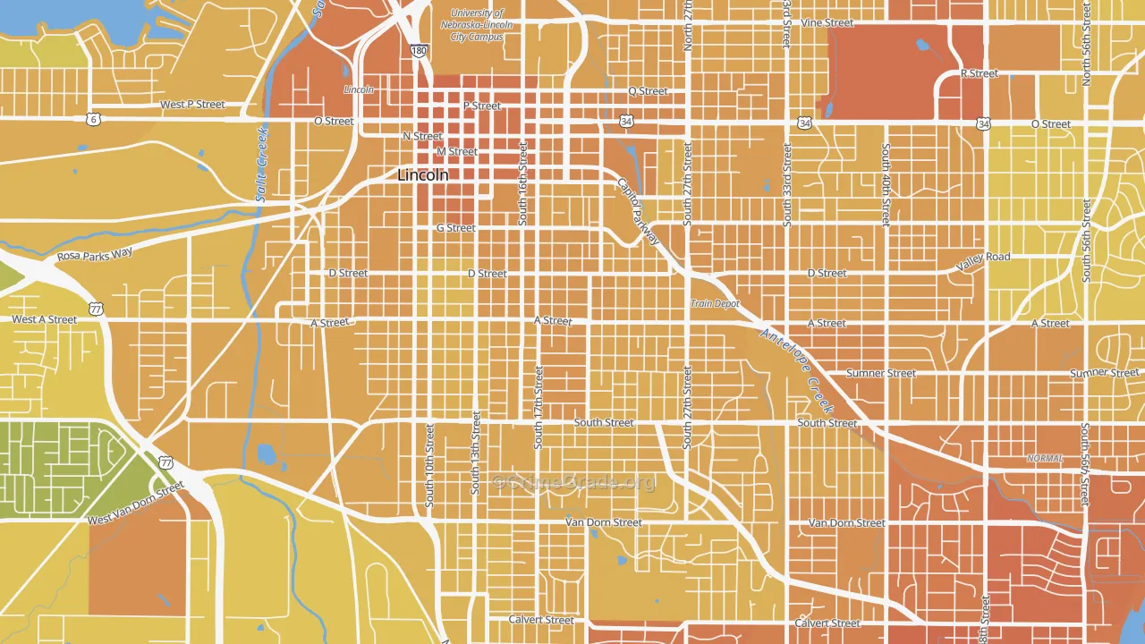 Near South, Lincoln, NE Map of Vehicle Theft Rates