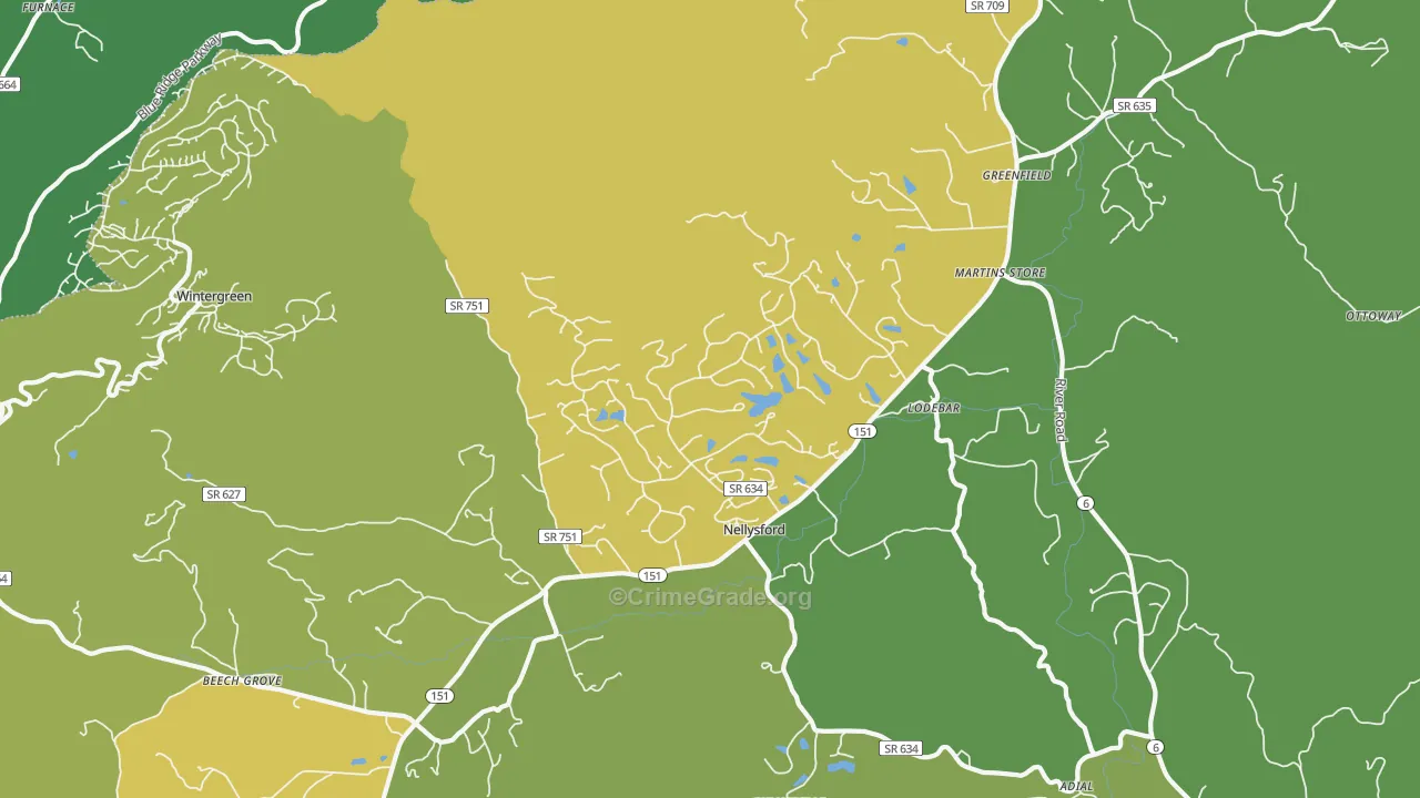 Nellysford, VA Map of Vehicle Theft Rates