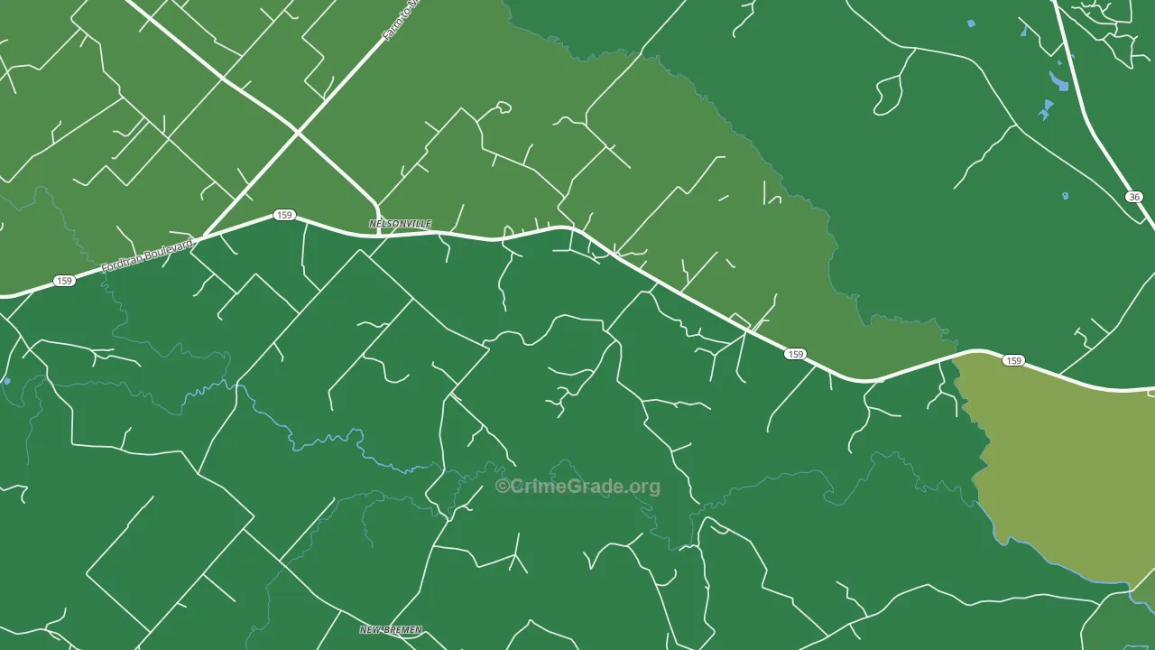 Nelsonville, TX Map of Vehicle Theft Rates