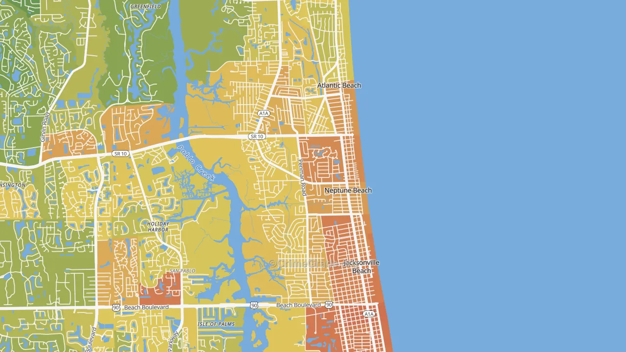Neptune Beach, FL Map of Vehicle Theft Rates