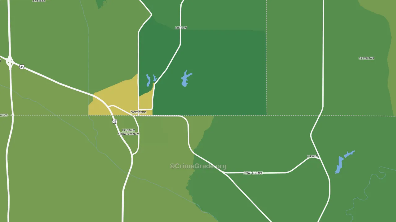 Nettleton, MS Map of Vehicle Theft Rates
