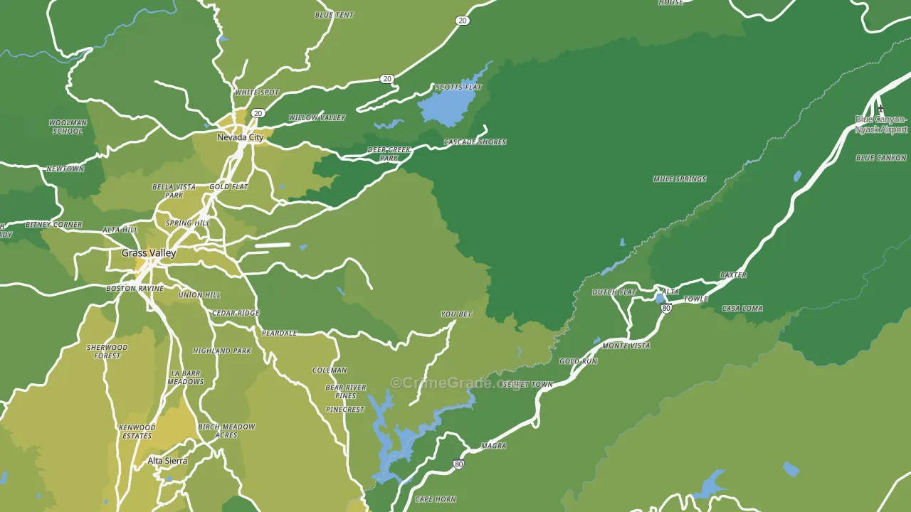 Nevada County, CA Map of Vehicle Theft Rates