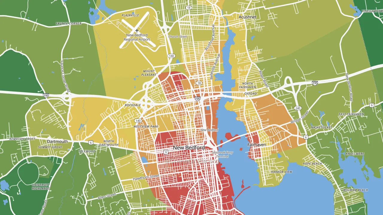 New Bedford, MA Map of Vehicle Theft Rates