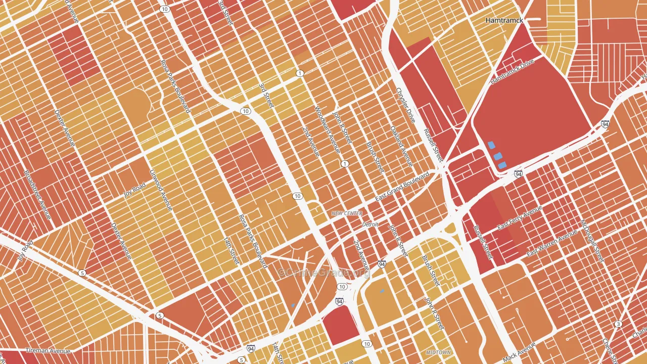 New Center, Detroit, MI Map of Vehicle Theft Rates