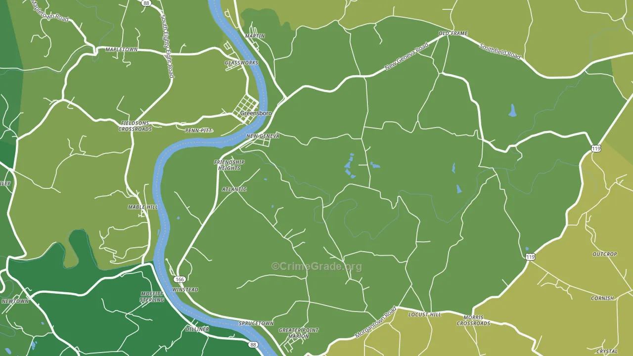 New Geneva, PA Map of Vehicle Theft Rates