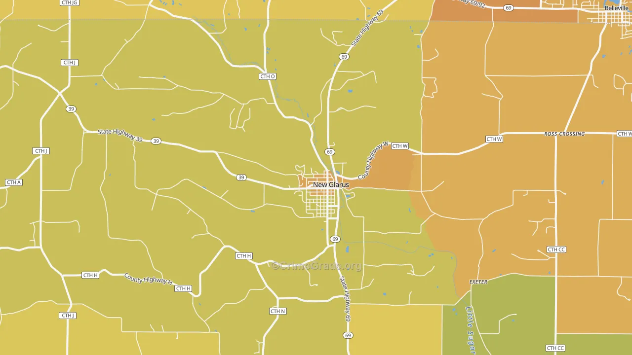 New Glarus, WI Map of Vehicle Theft Rates
