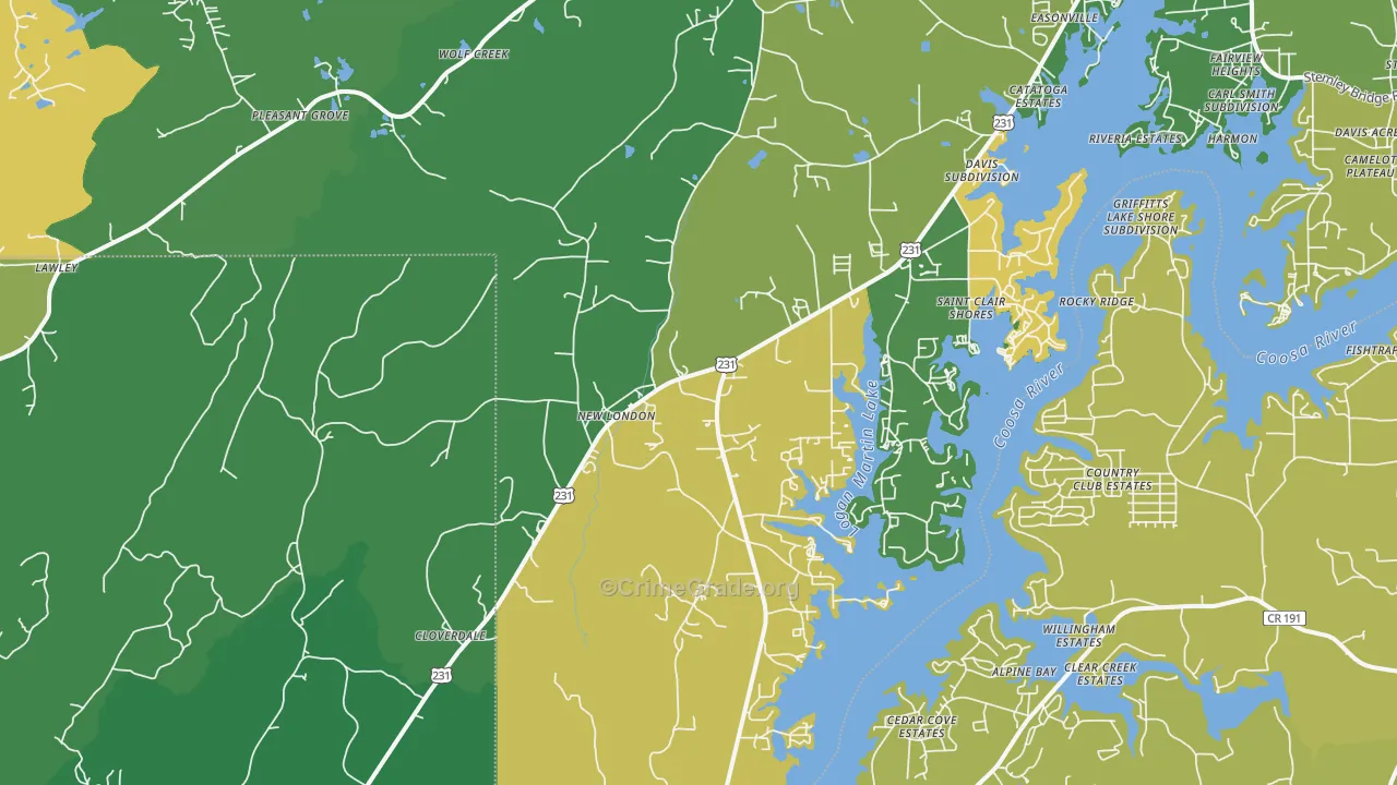 New London, AL Map of Vehicle Theft Rates