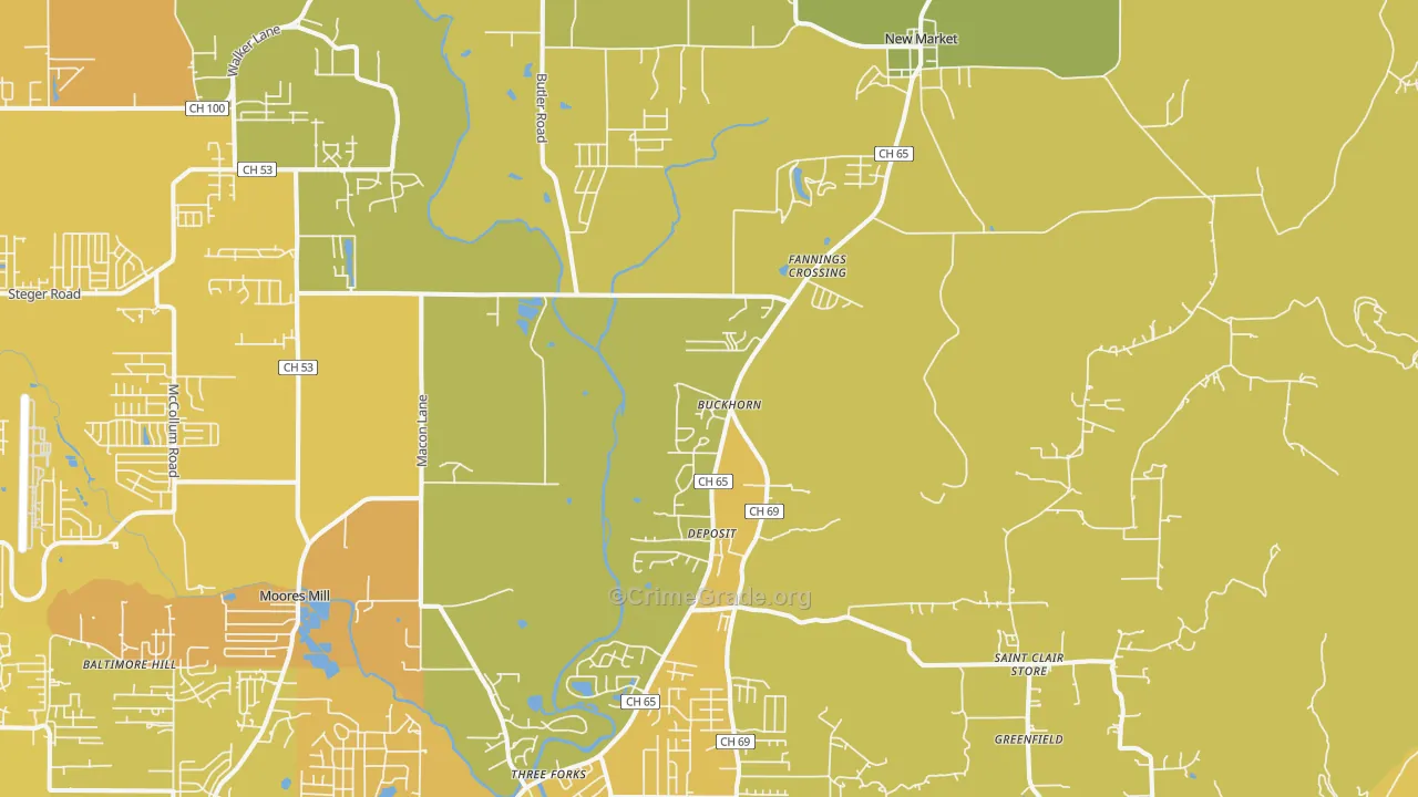 New Market, AL Map of Vehicle Theft Rates