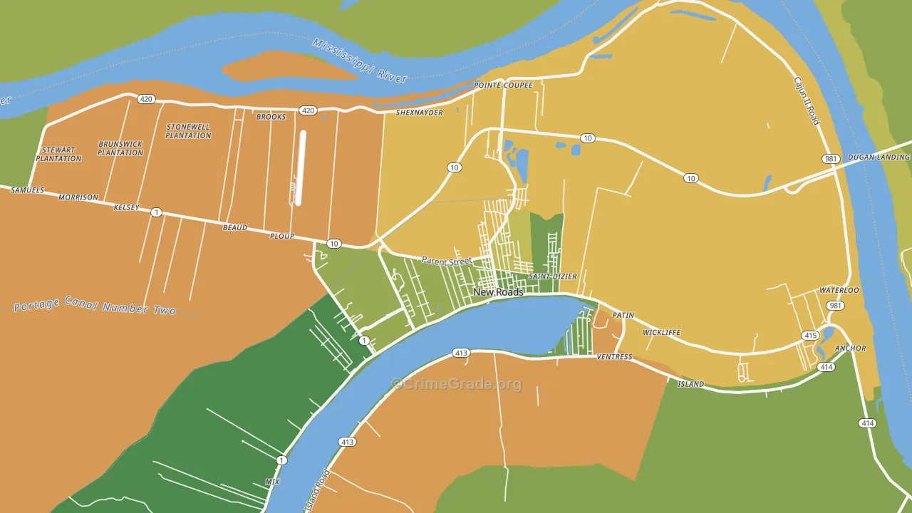 New Roads, LA Map of Vehicle Theft Rates