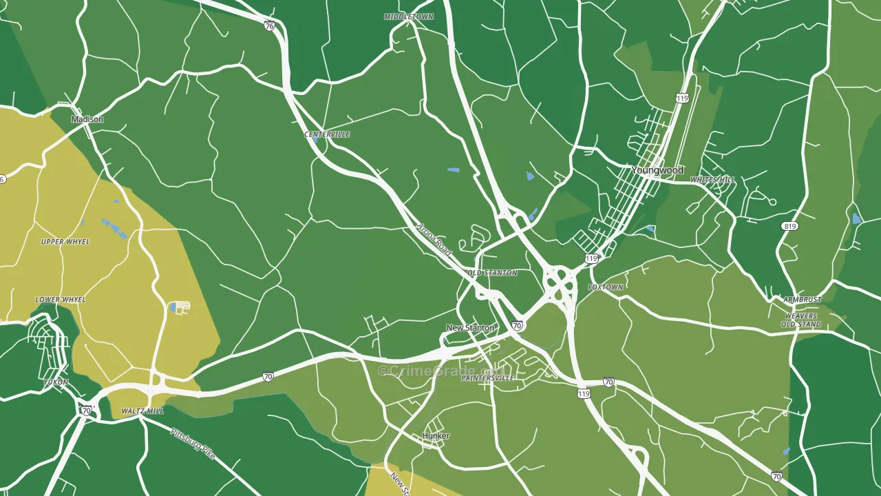 New Stanton, PA Map of Vehicle Theft Rates