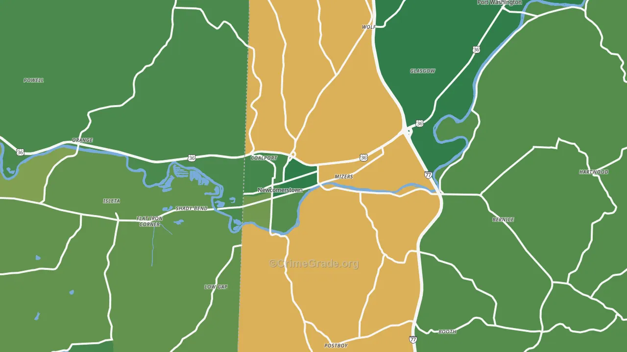 Newcomerstown, OH Map of Vehicle Theft Rates
