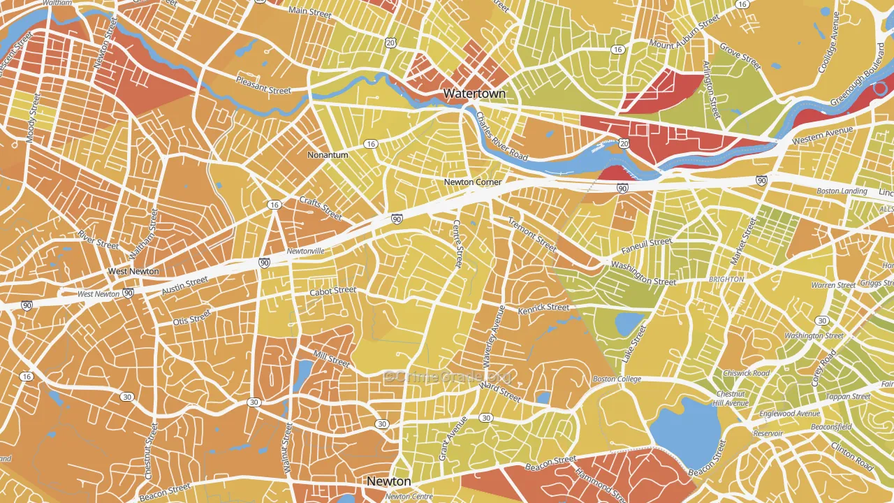 Newton Corner, Newton, MA Map of Vehicle Theft Rates