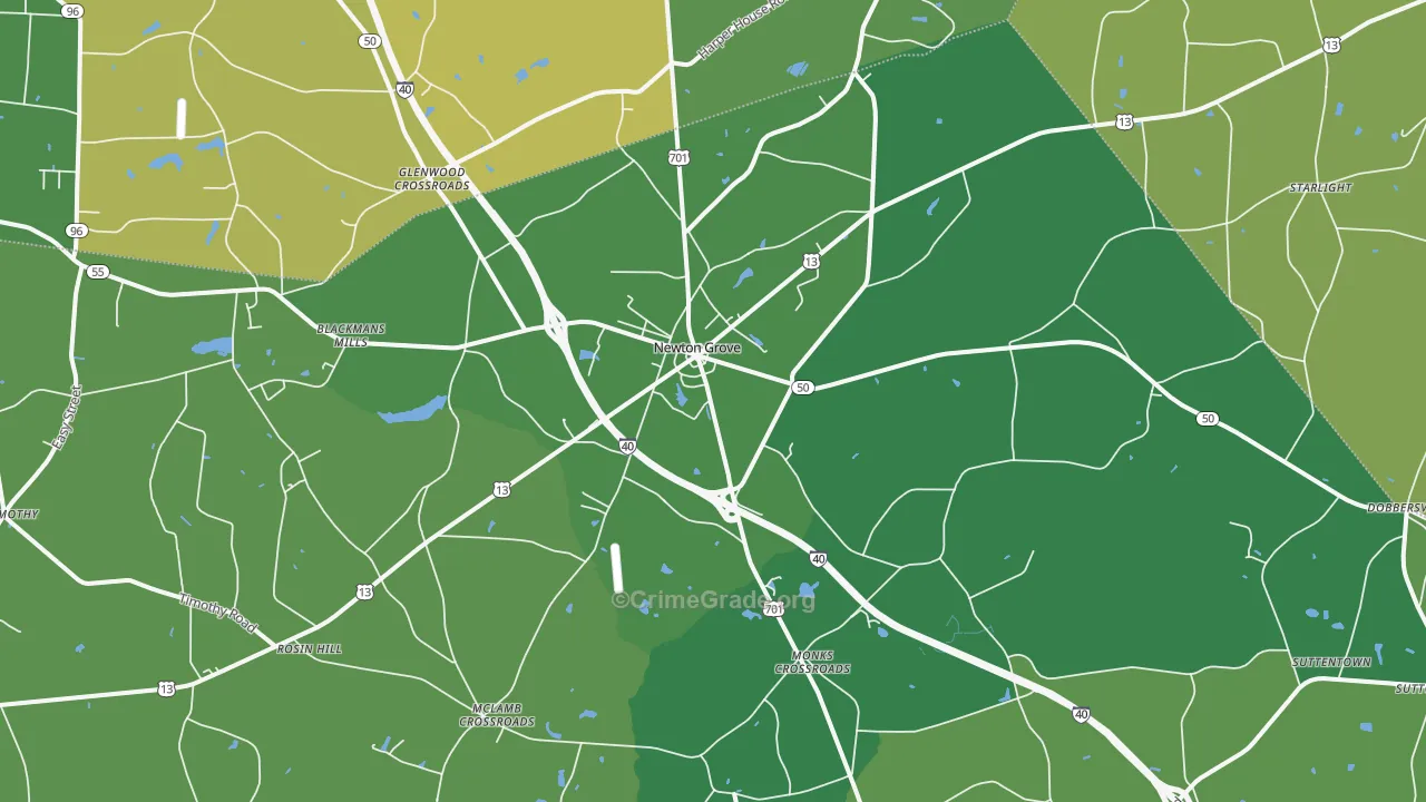 Newton Grove, NC Map of Vehicle Theft Rates
