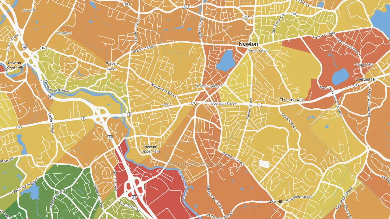 Newton Highlands, MA Map of Vehicle Theft Rates