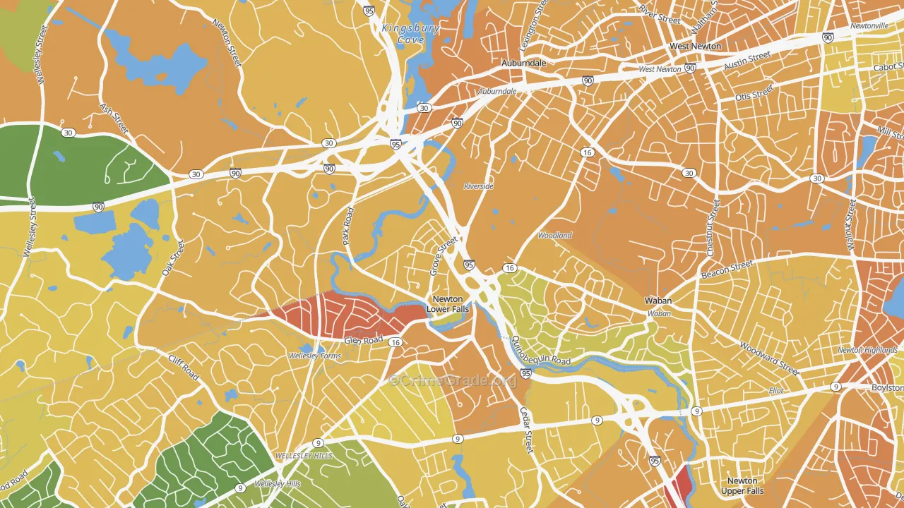 Newton Lower Falls, MA Map of Vehicle Theft Rates