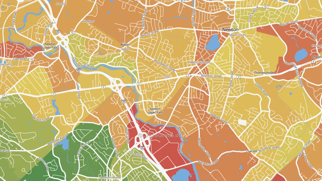 Newton Upper Falls, MA Map of Vehicle Theft Rates